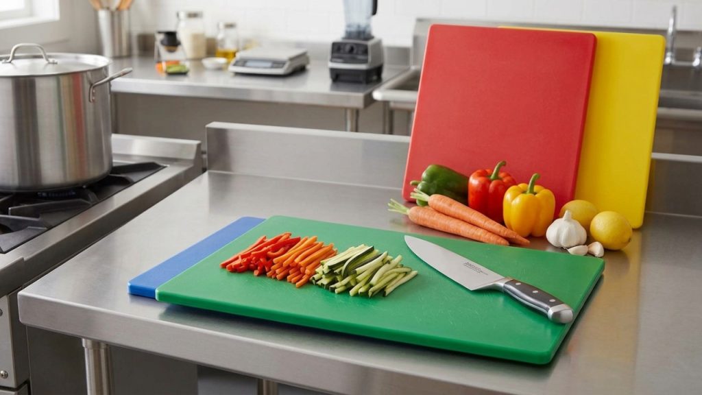 Green,color-coded cutting boards with a professional high-carbon chef knife and fresh sliced produce on a stainless steel counter