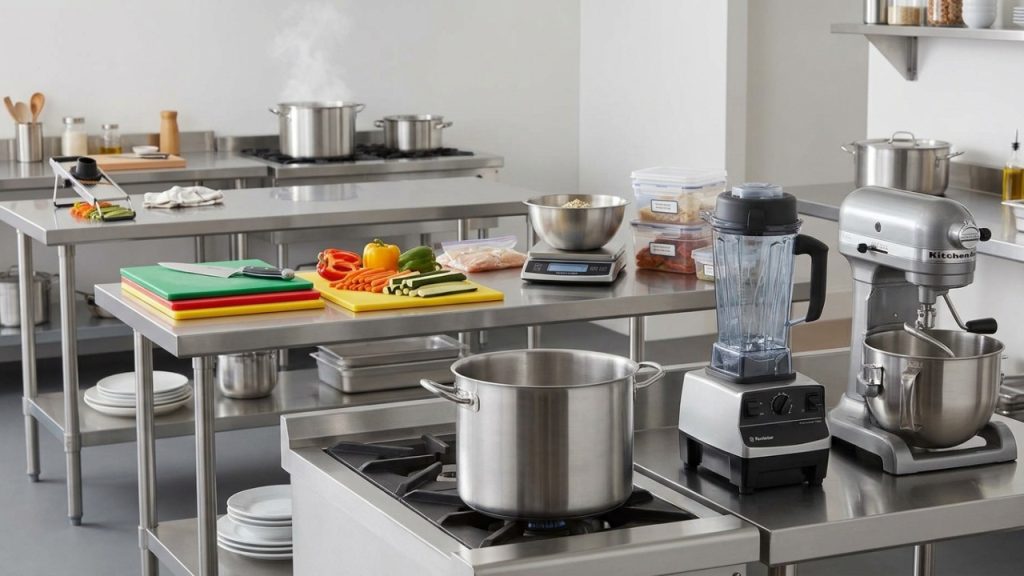 Heavy-duty commercial 304 stainless steel worktables and prep stations arranged in a clean commercial kitchen