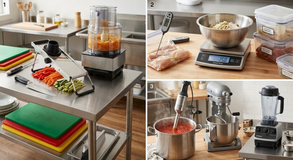 Essential kitchen tools for preparing meals efficiently including commercial food processors, digital probe thermometers, immersion blenders, and stainless steel prep tables